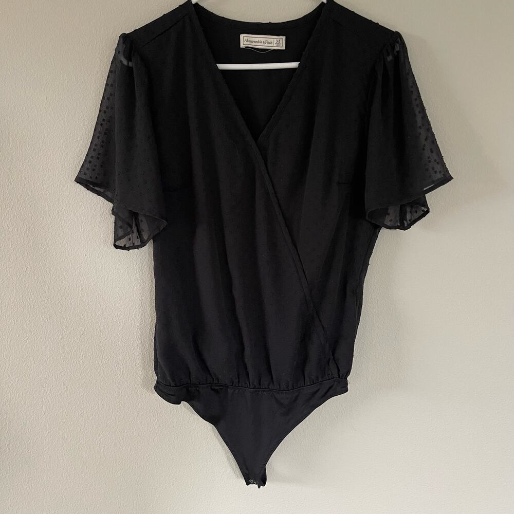 Abercrombie & Fitch Black Swiss Dot Flutter Sleeve Wrap Bodysuit (M)
